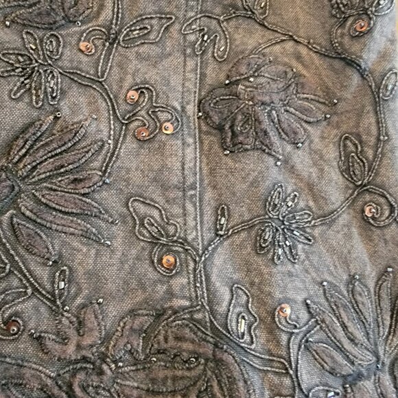 COLDWATER CREEK Jacket Brown Sz 4P Petite Floral Embroidered Beaded Denim Blazer - Picture 5 of 16